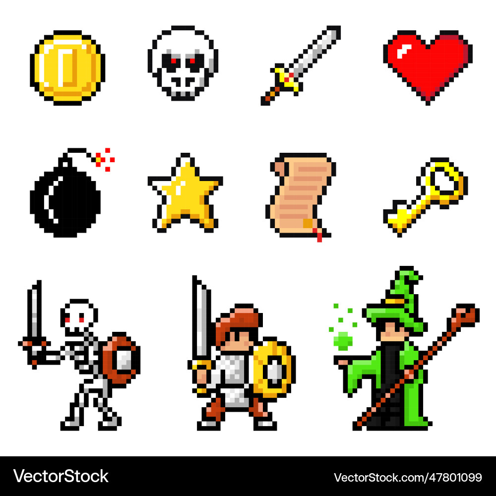 Collection of pixel game elements symbols Collection of pixel game elements symbols Vector Image
