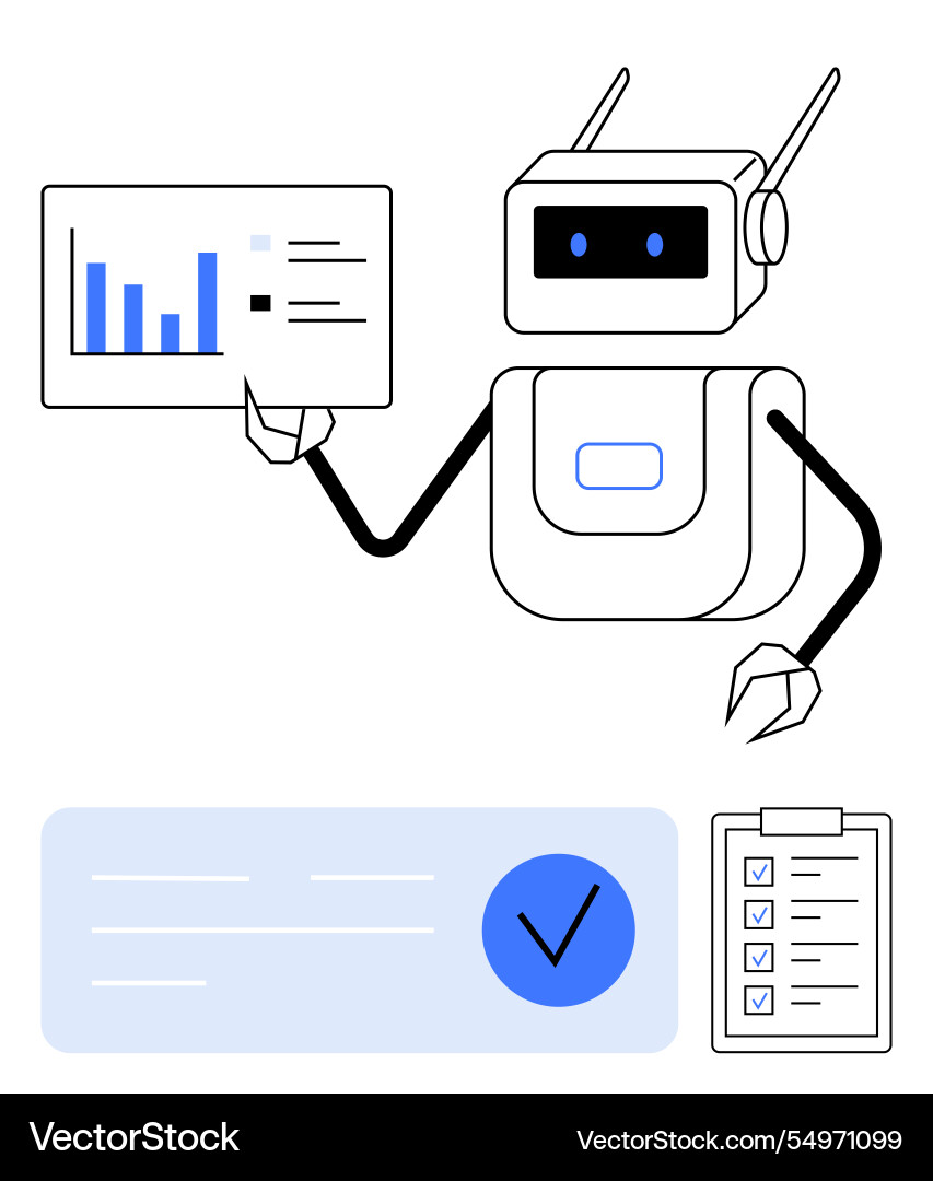 Robot analyzing data with graph checklist Robot analyzing data with graph checklist vector image