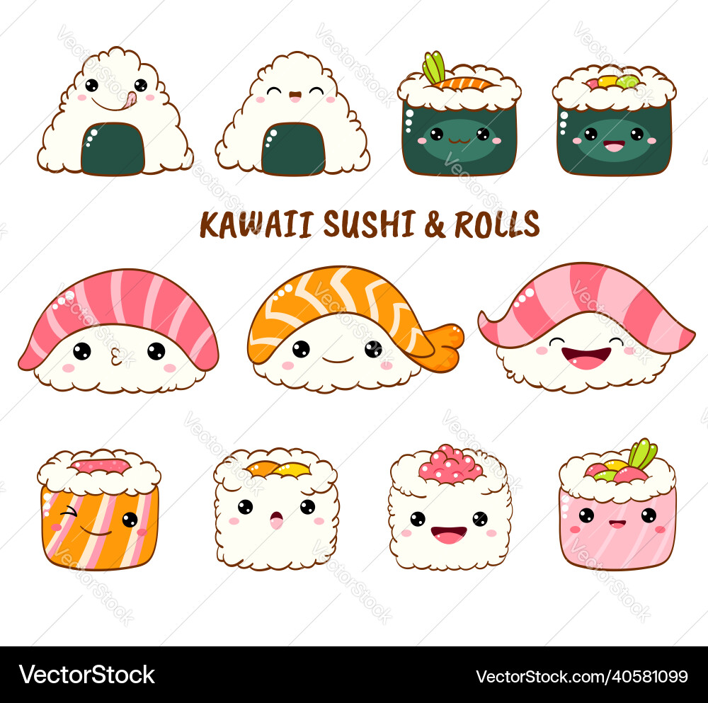 Set of cute sushi and rolls icons in kawaii style Set of cute sushi and rolls icons in kawaii style vector image