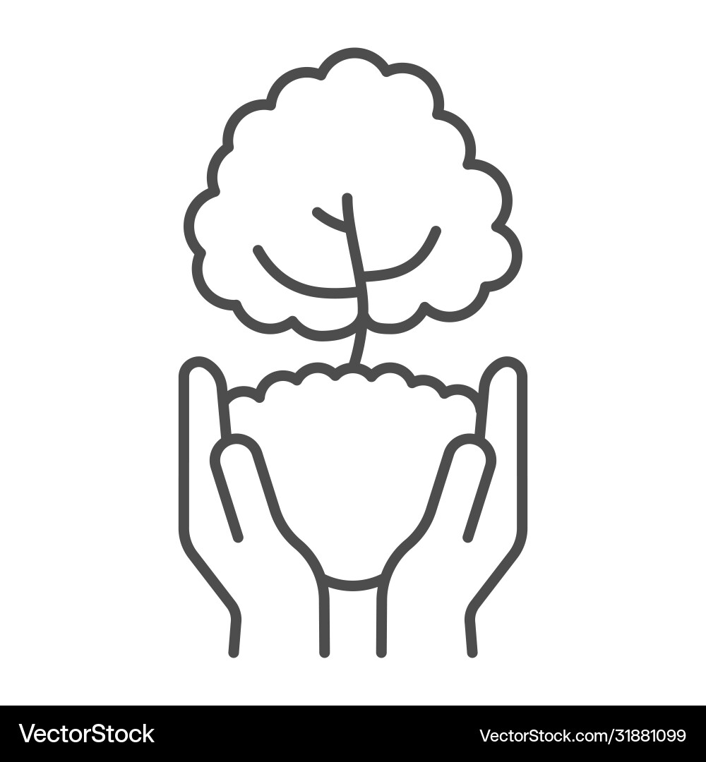 Tree in open hands with handful soil thin line Vector Image
