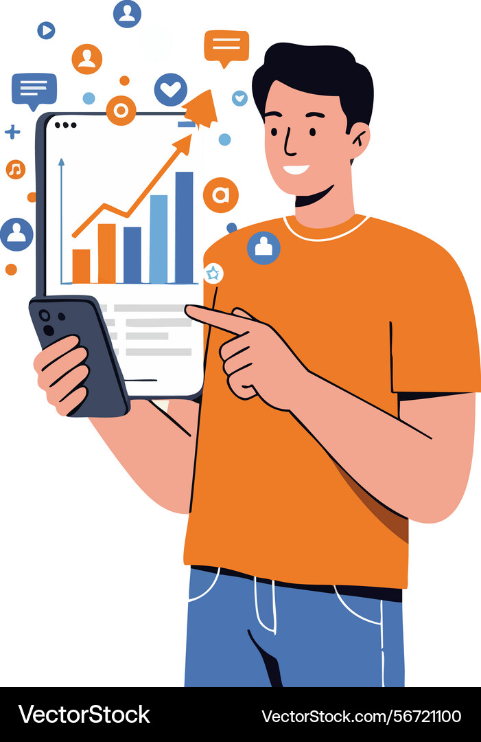 Man using smartphone with social media analytics Vector Image