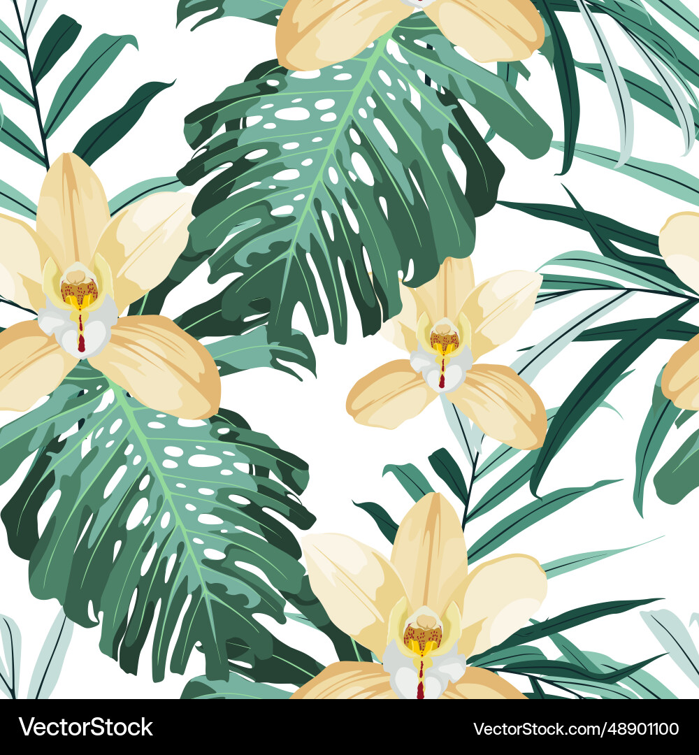 Tropical seamless pattern monstera and orchid Tropical seamless pattern monstera and orchid vector image