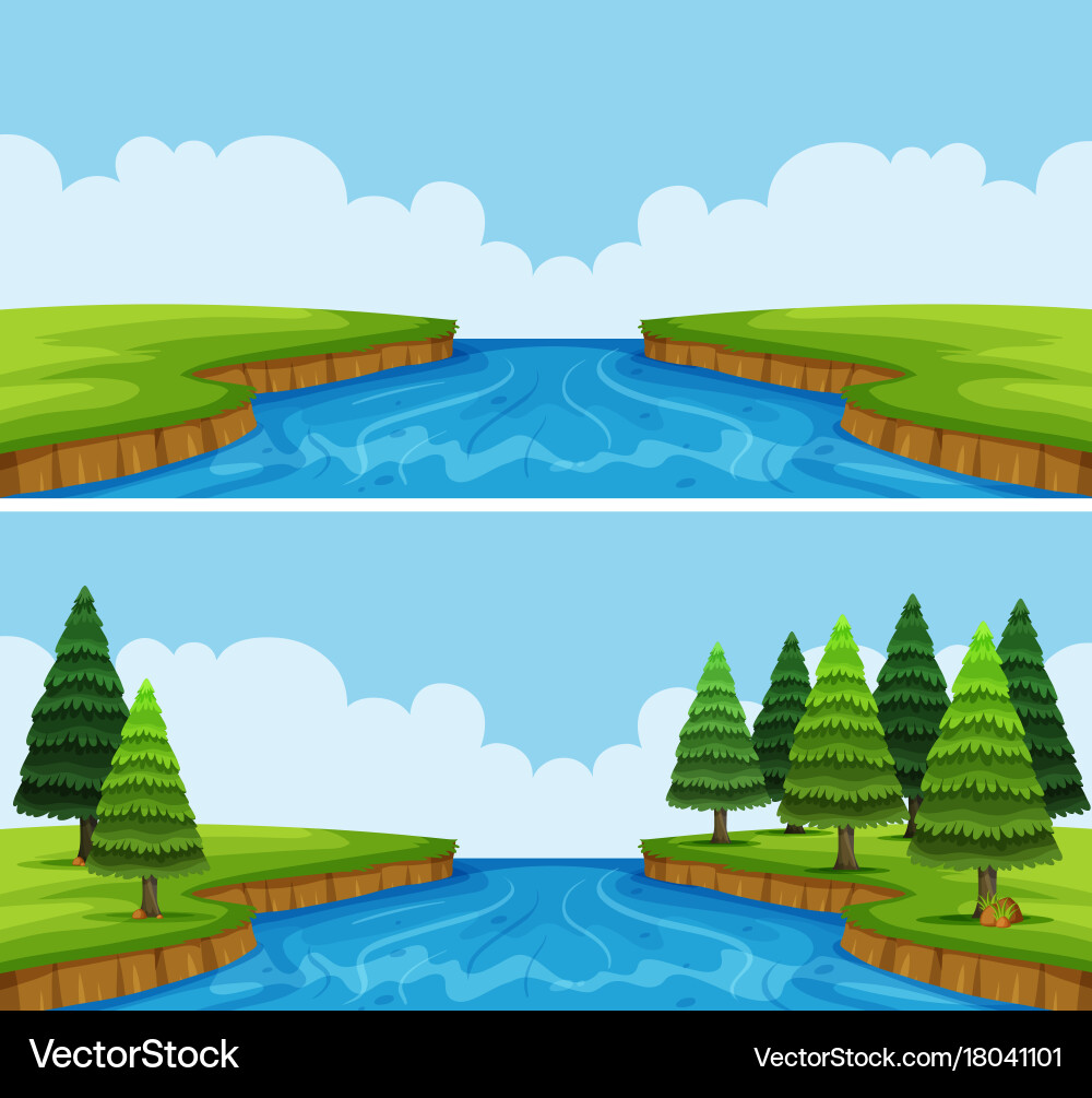 River Landscape with Trees and Fields Vector Image