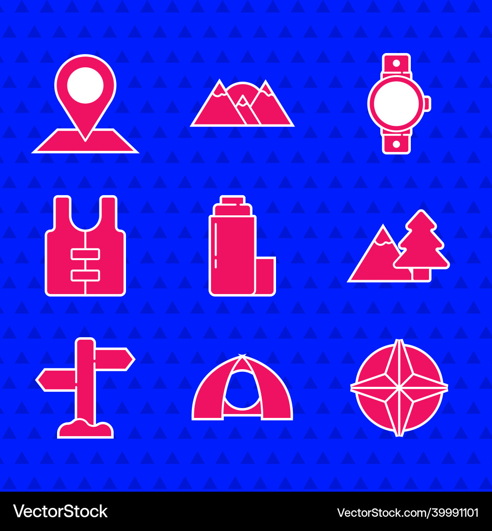Set thermos container tourist tent wind rose Vector Image