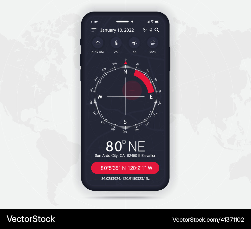 Compass app ui ux gui concept map gps Compass app ui ux gui concept map gps vector image