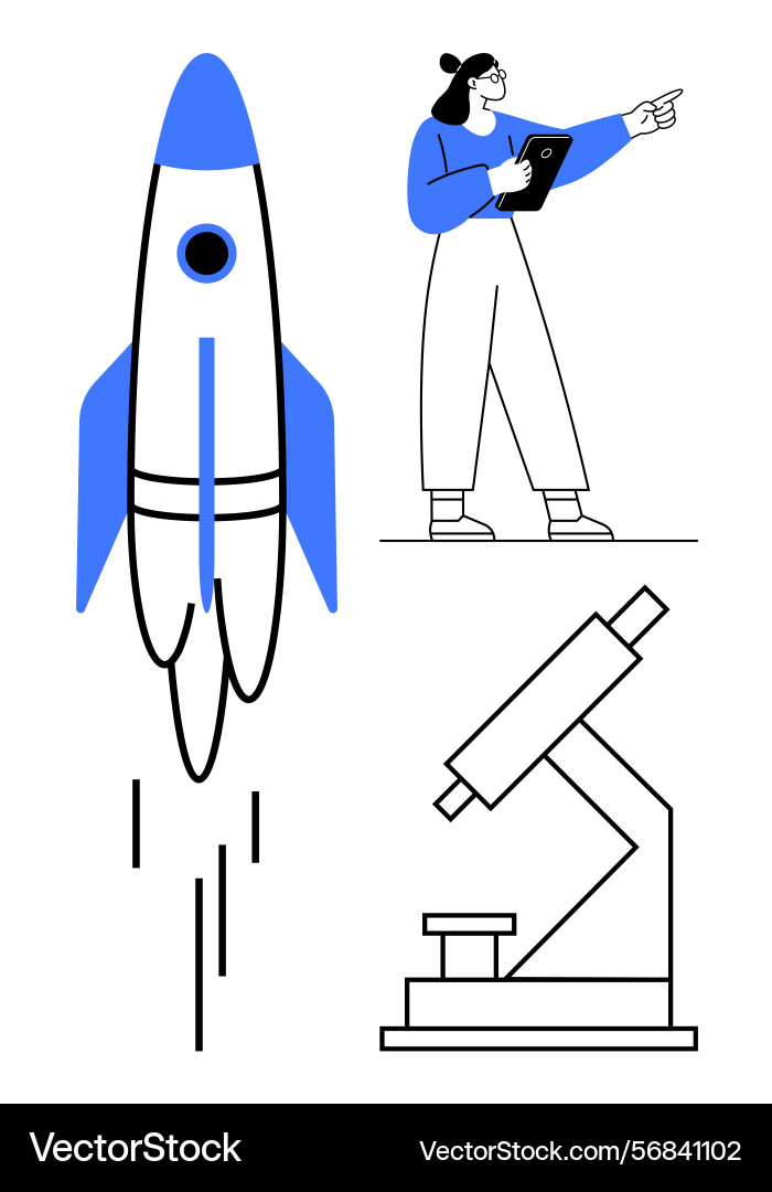 Scientist with rocket and microscope representing Vector Image