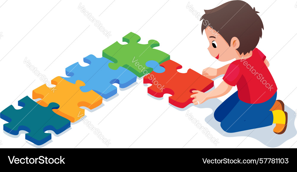 Child solving a colorful jigsaw puzzle Vector Image
