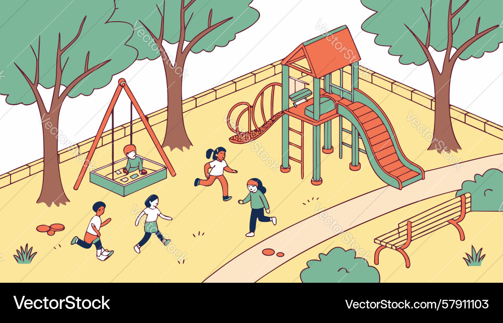 Kids enjoying a playground with swings and slides Vector Image