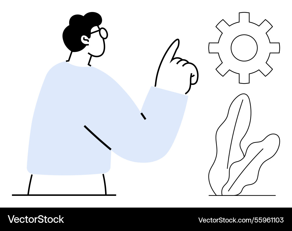 Man pointing towards a gear representing problem Man pointing towards a gear representing problem Vector Image