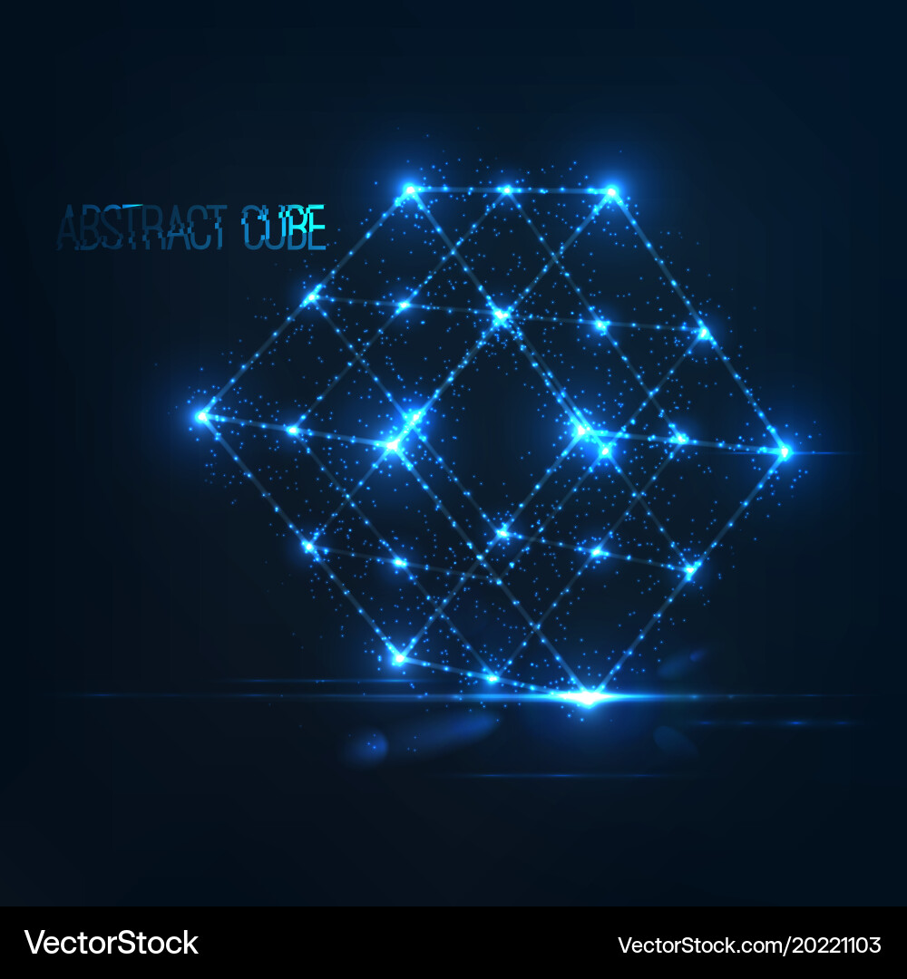 Neon cube in with lens flare and glowing particles vector image