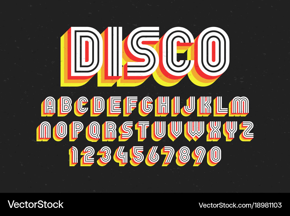 Retro 80s Disco Font - Alphabet & Numbers Vector Image