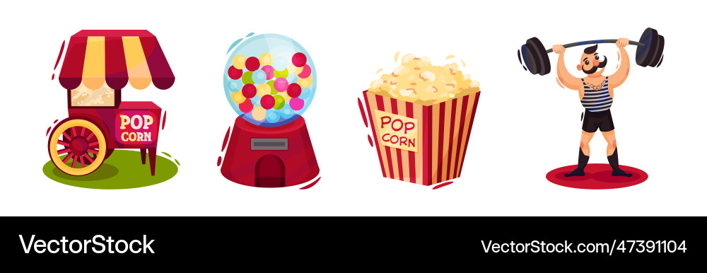 Colorful ircus objects with strongman popcorn Vector Image