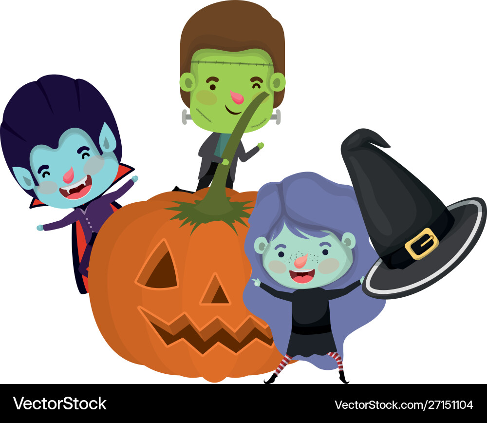 Halloween Kürbis mit Kinder Kostümfiguren Halloween Kürbis mit Kinder Kostümfiguren vektorbild