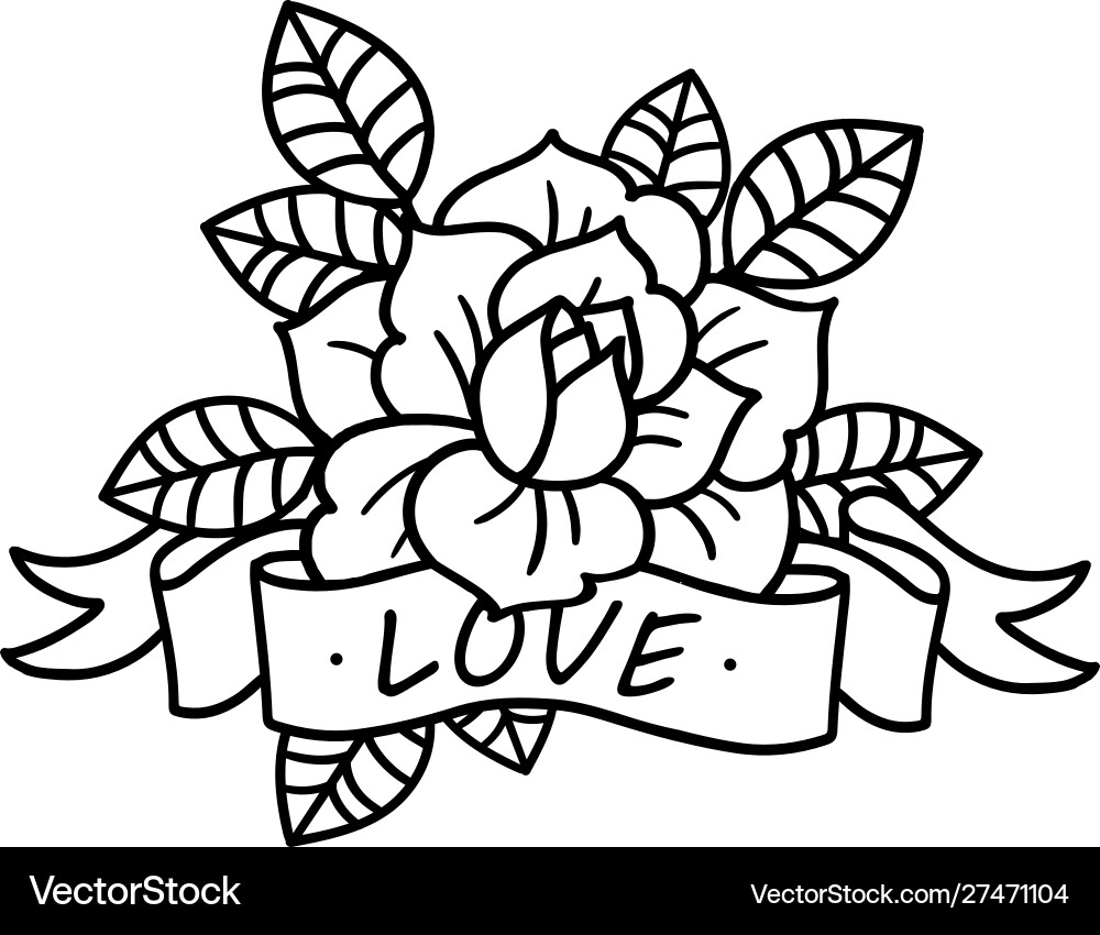 Rose tattoo with ribbon and word love Rose tattoo with ribbon and word love vector image