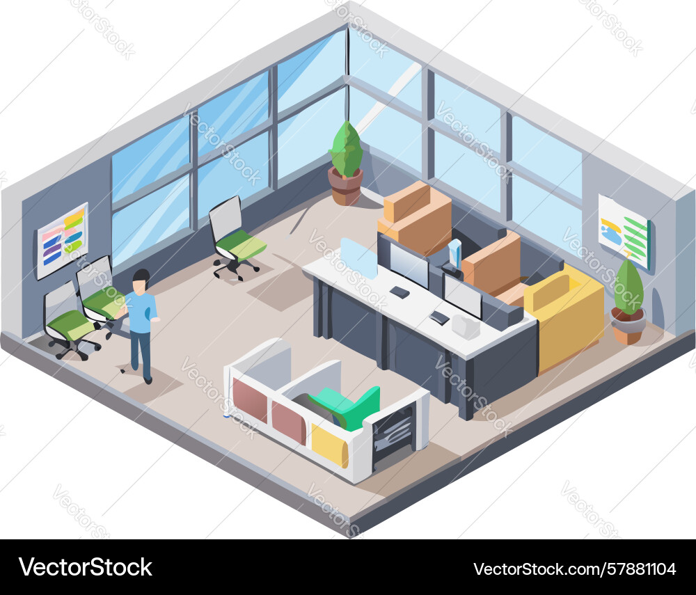 Small isometric office desk setup with computer Vector Image