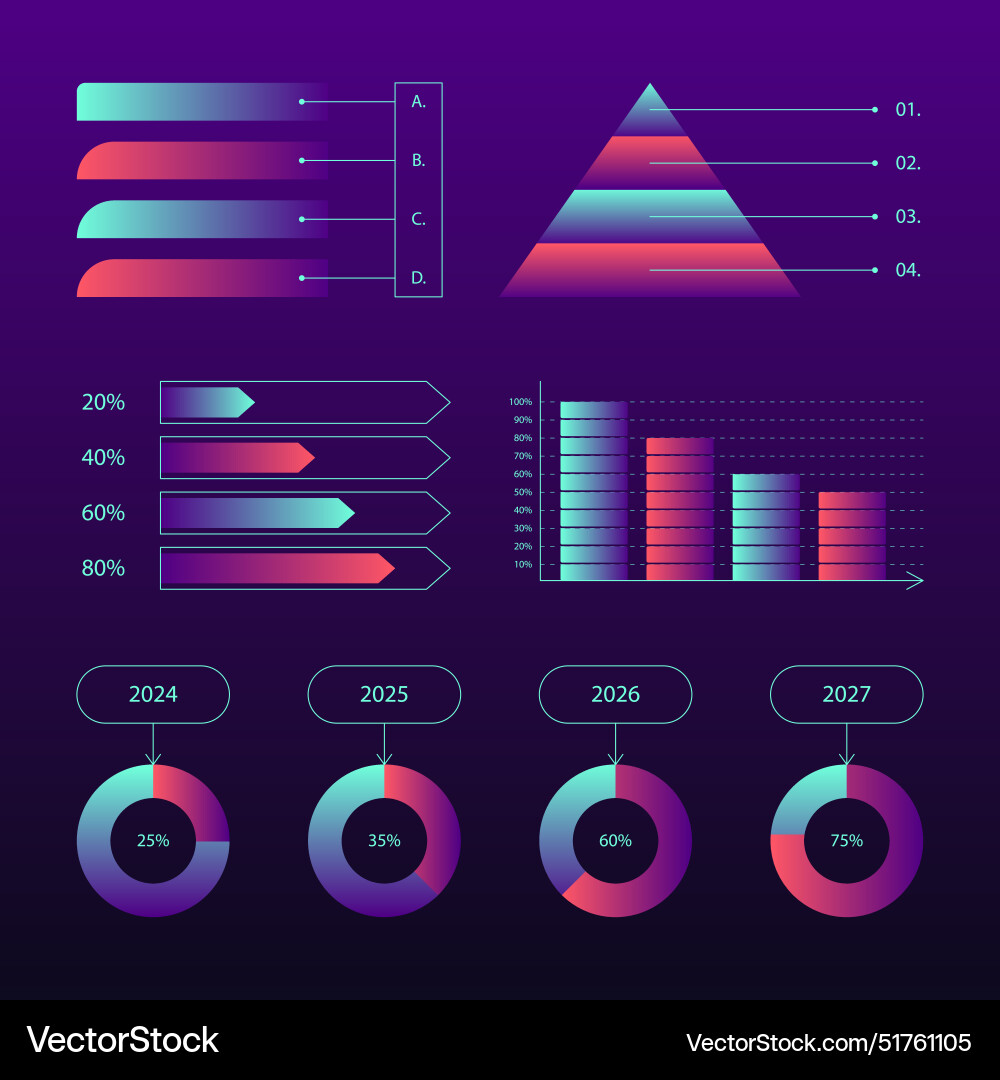 A variety of colorful graphs and charts displayed Vector Image