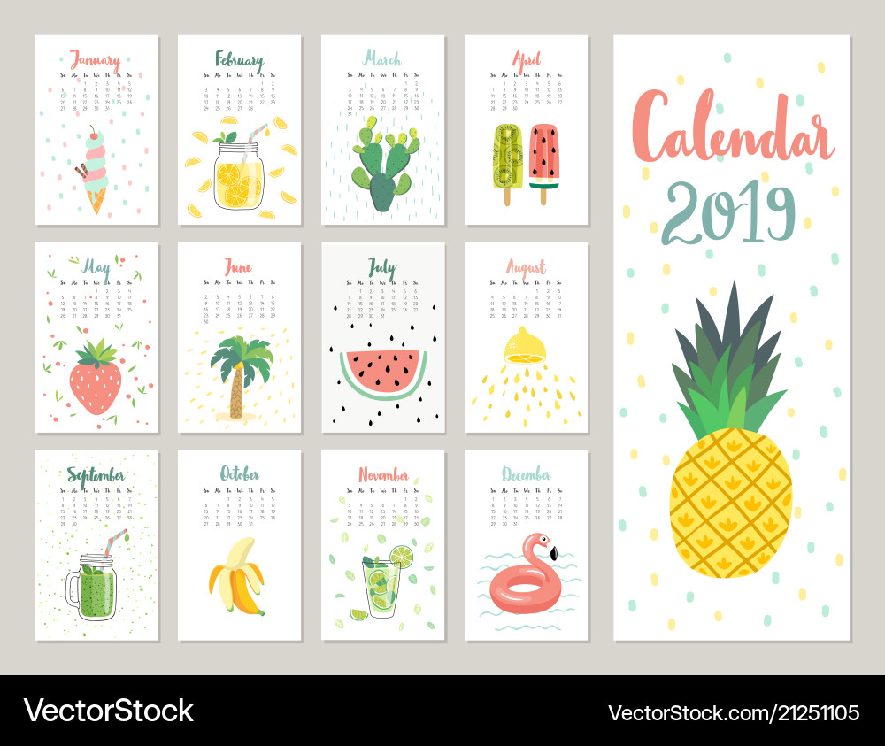 Calendar 2019 cute monthly Calendar 2019 cute monthly vector image