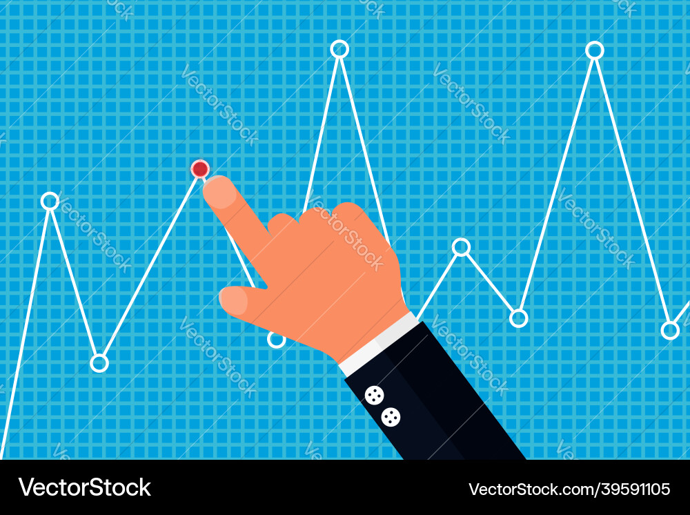 Finger pointing at red spot on graph Finger pointing at red spot on graph vector image