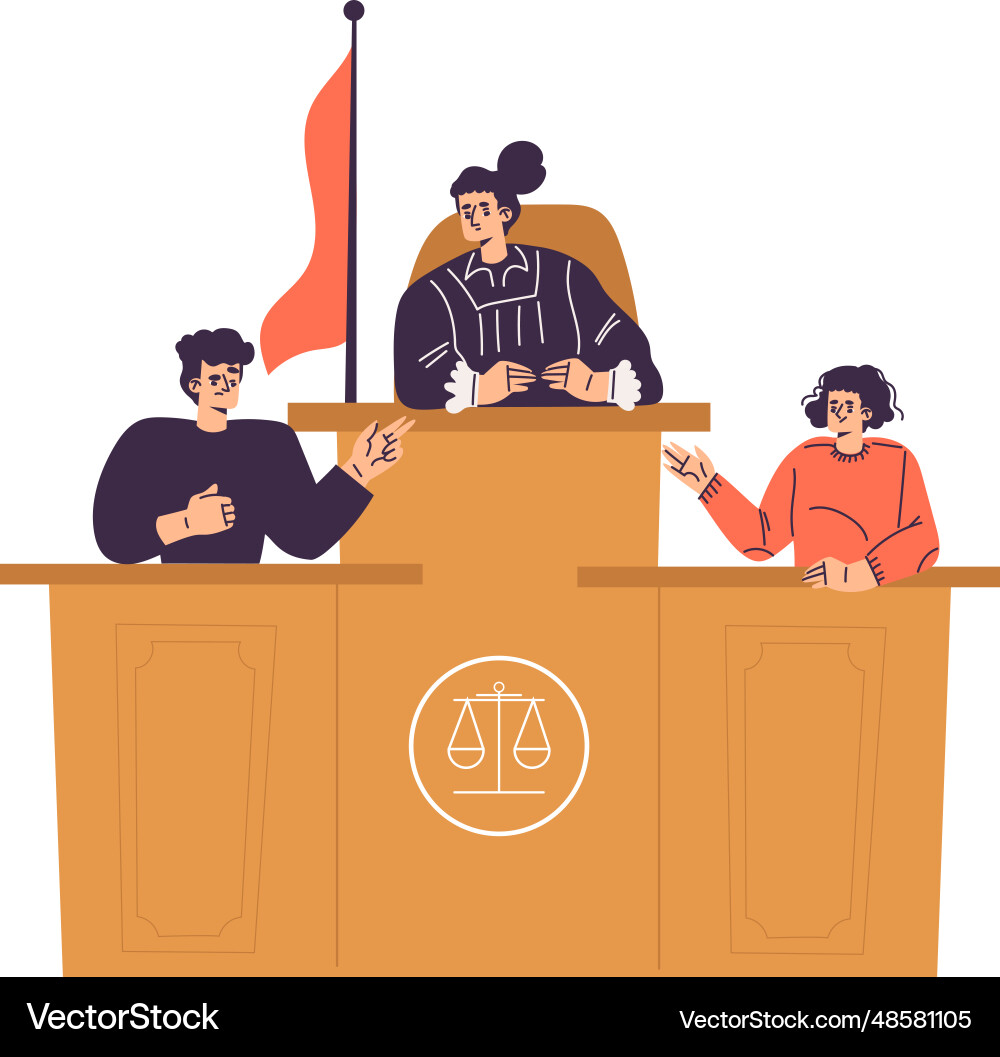 Litigation with woman judge character at desk Litigation with woman judge character at desk Vector Image