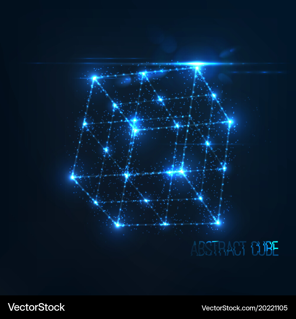 Neon cube in with lens flare and glowing particles vector image