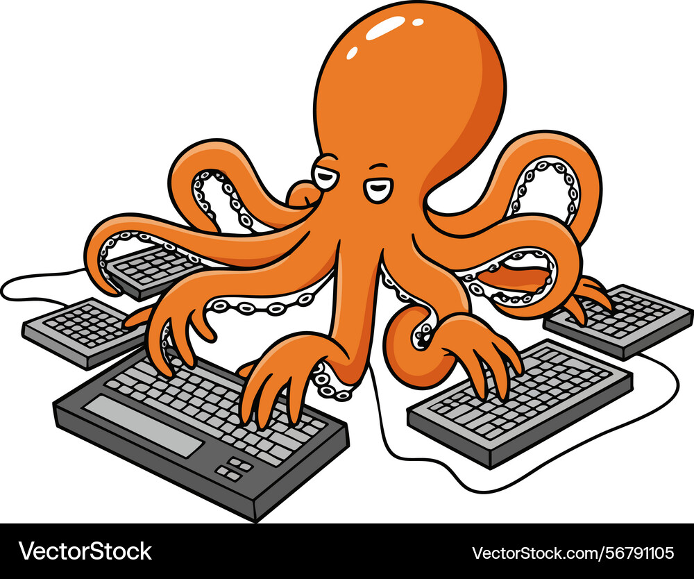 Octopus multitasking on multiple computer Octopus multitasking on multiple computer vector image