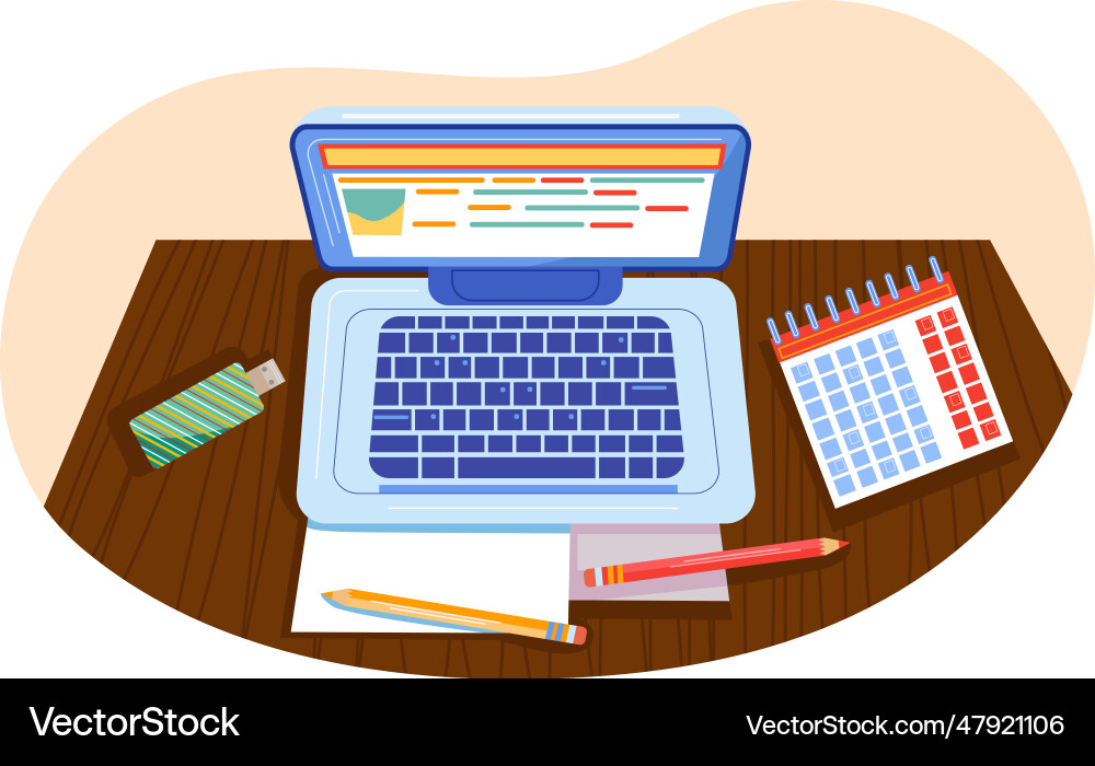 Laptop computer on desk table workspace top view Vector Image