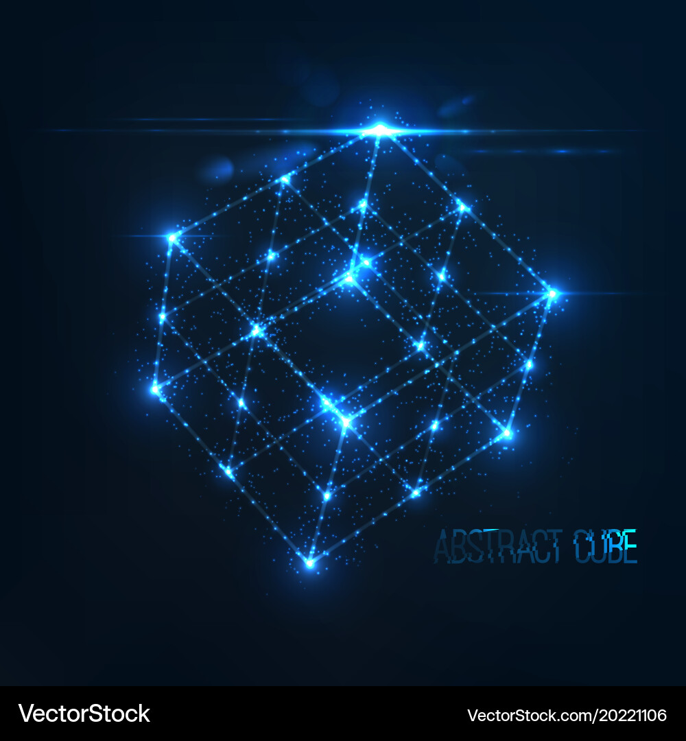Neon cube in with lens flare and glowing particles Vector Image