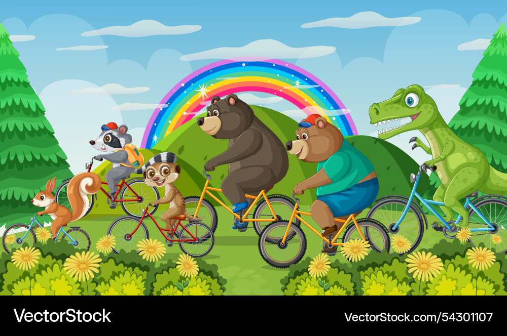 Animals cycling together under a vibrant rainbow Animals cycling together under a vibrant rainbow vector image