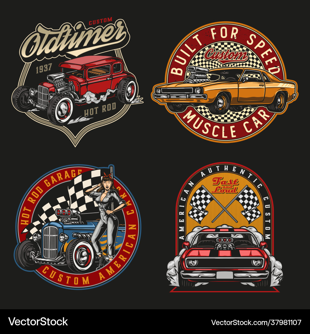 Custom cars vintage colorful emblems Custom cars vintage colorful emblems Vector Image