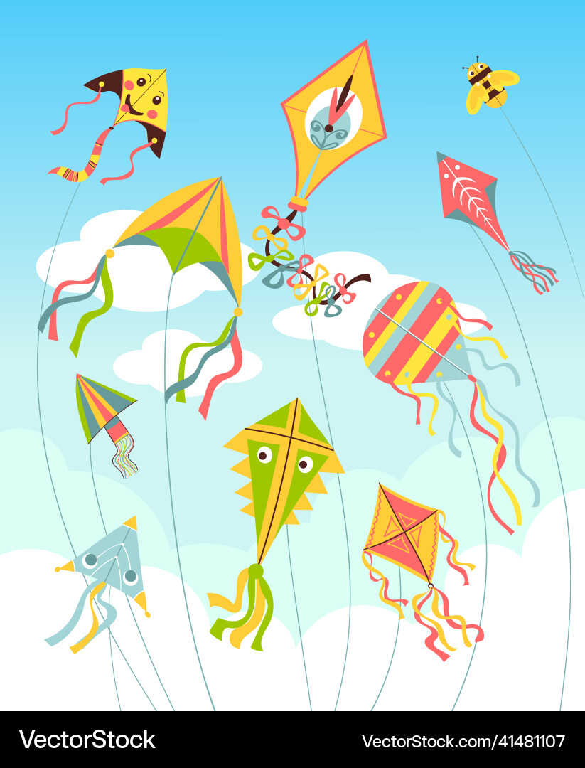 Kites in sky bright air toys clouds color Kites in sky bright air toys clouds color vector image
