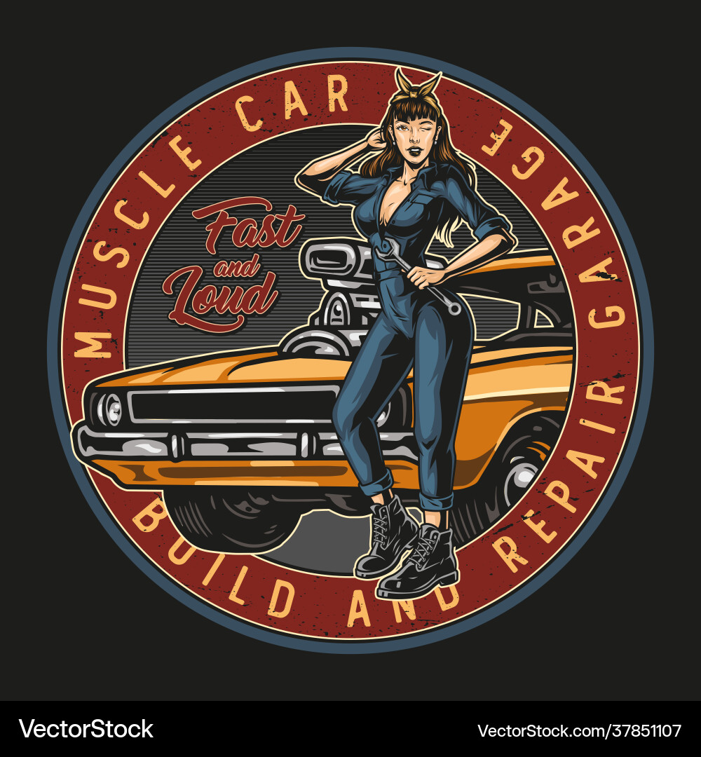 Muscle car custom garage round emblem Muscle car custom garage round emblem vector image