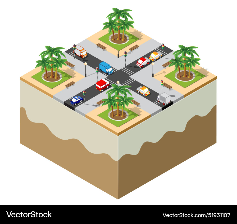 Vehicles driving on crossroad in tropical city Vehicles driving on crossroad in tropical city vector image