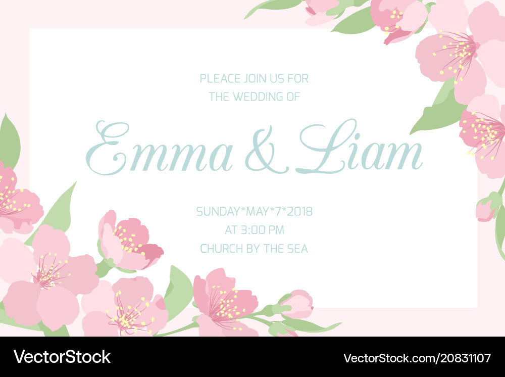 Wedding invitation pink cherry sakura horizontal vector image