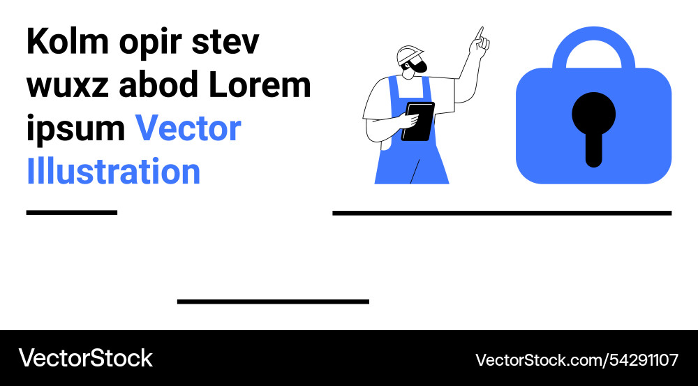 Worker with tablet pointing at large lock symbol Worker with tablet pointing at large lock symbol vector image