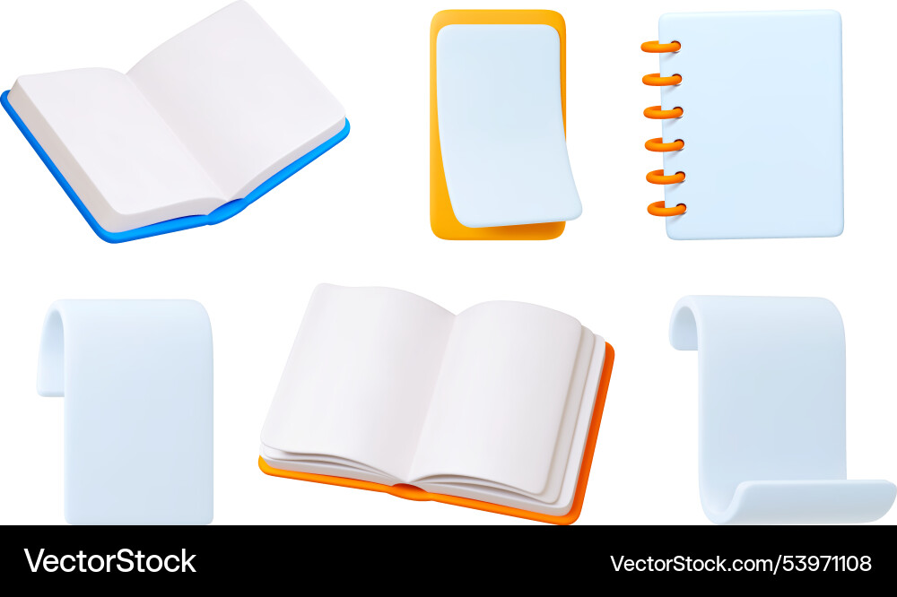 3d paper for notes icons open empty notebooks 3d paper for notes icons open empty notebooks Vector Image
