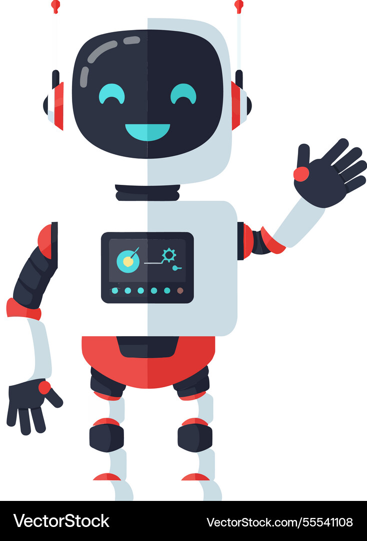Friendly robot character waving in flat minimal Friendly robot character waving in flat minimal vector image