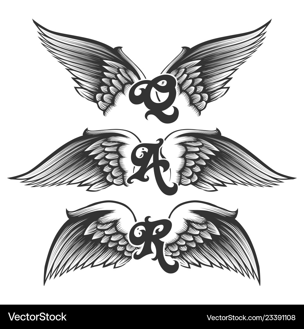 Letter Wings Set - Engraved Style vector image