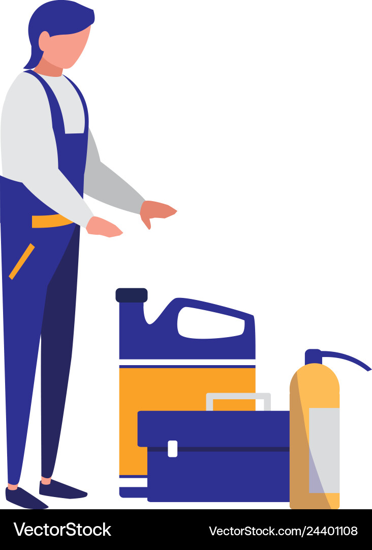 Mechanic worker with toolbox and extinguisher Mechanic worker with toolbox and extinguisher Vector Image