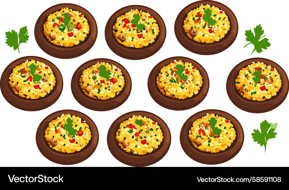 Symmetrical Couscous Bowls with Parsley Vector Image