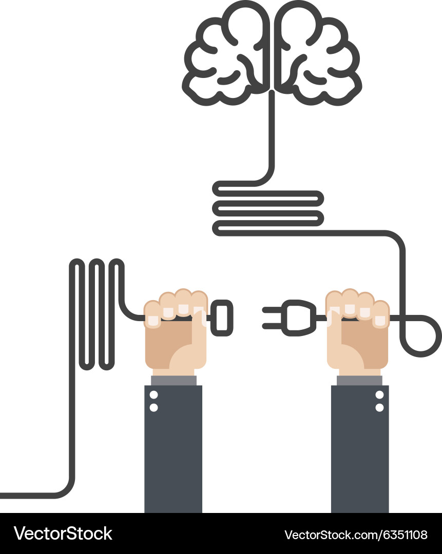 Turn on your brain - hands with plug and cord vector image