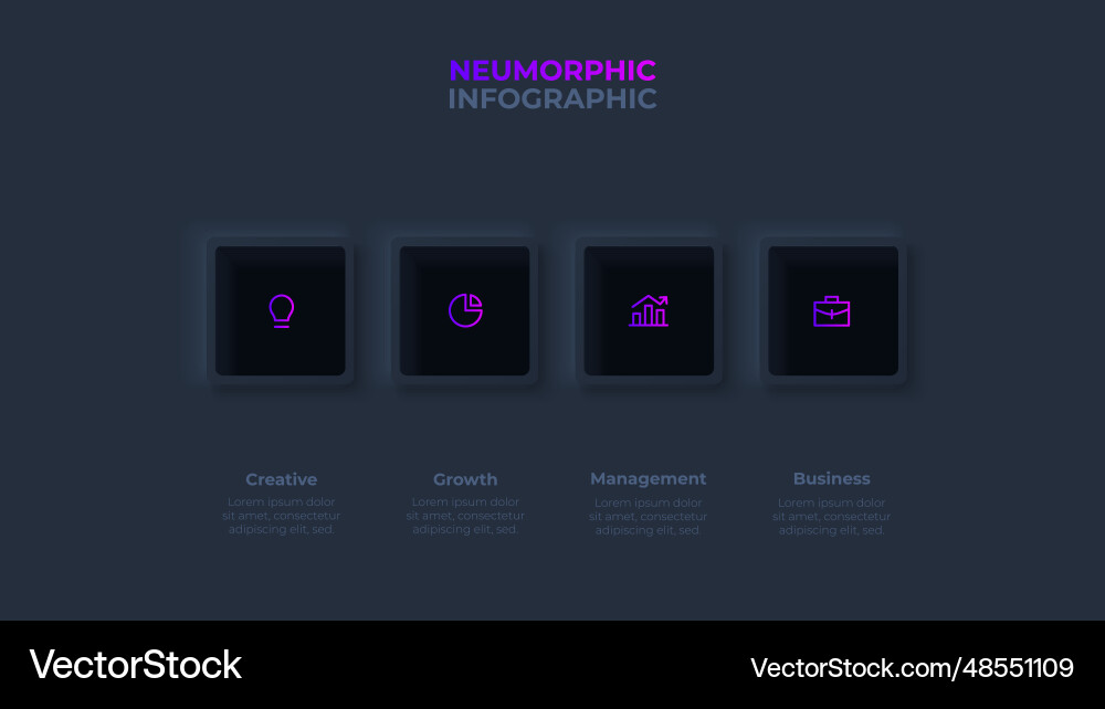 Dark neumorphic horizontal progress diagram with 4 Dark neumorphic horizontal progress diagram with 4 vector image