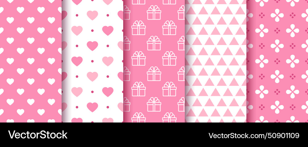 Pink textures with hearts flowers and gift boxes Vector Image