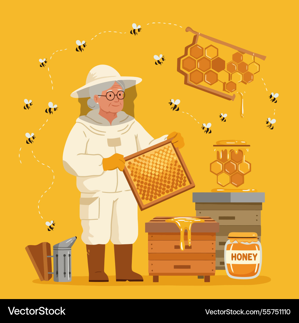 Beekeeper checking honeycomb frame with bees Vector Image