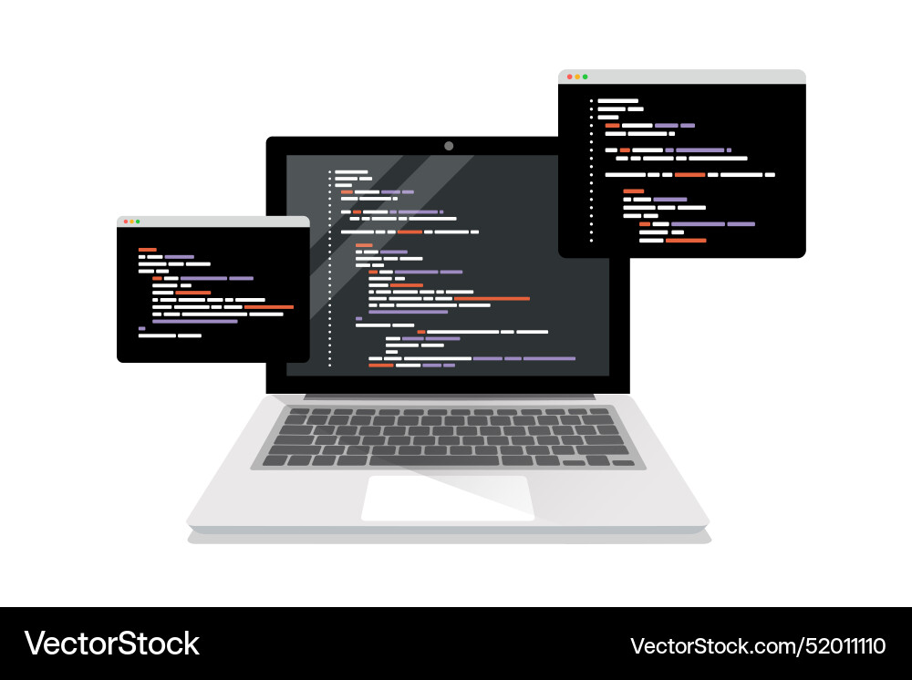 Coding symbols and programming windows on laptop Coding symbols and programming windows on laptop vector image