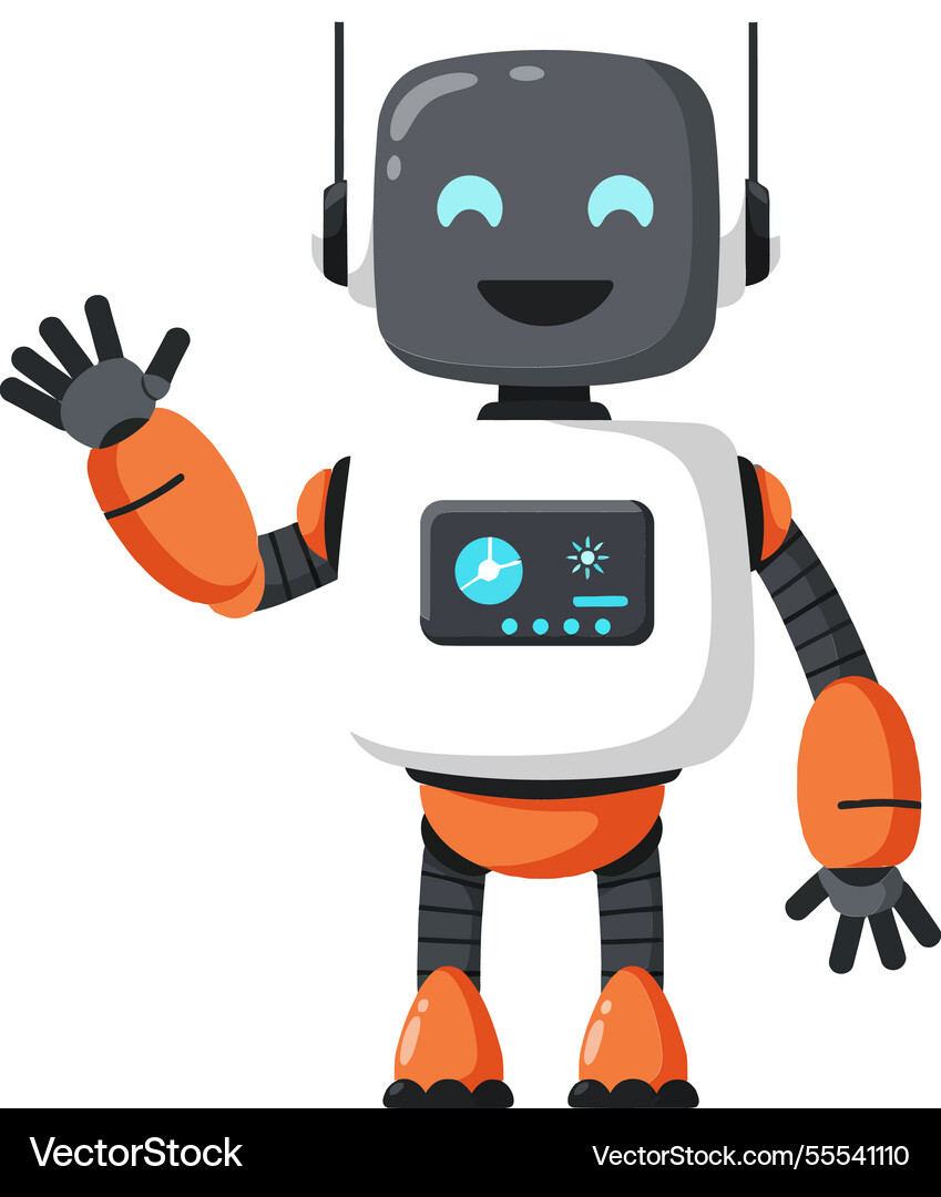 Friendly robot character waving in flat minimal Friendly robot character waving in flat minimal vector image