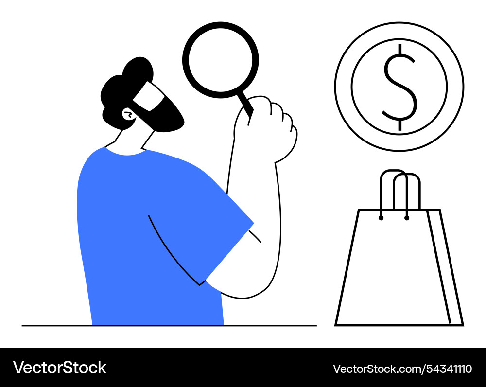 Man analyzing shopping trends with magnifying Man analyzing shopping trends with magnifying Vector Image