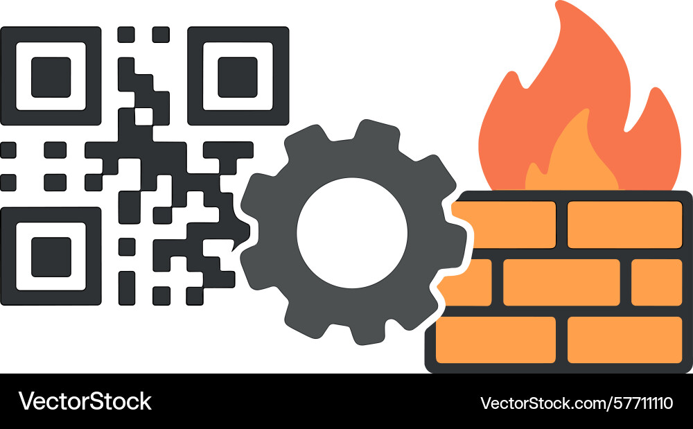 Qr code cogwheel and firewall with flames Qr code cogwheel and firewall with flames Vector Image
