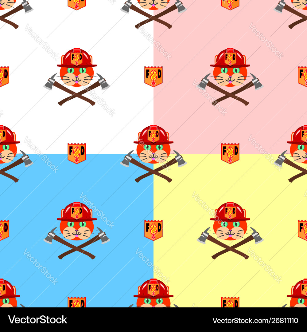 Seamless pattern cat firefighter in a helmet axe vector image