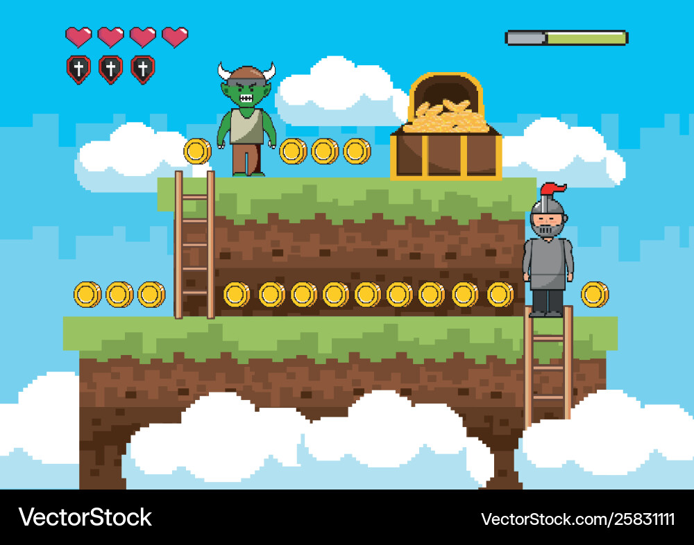 Arcade game world and pixel scene design vector image