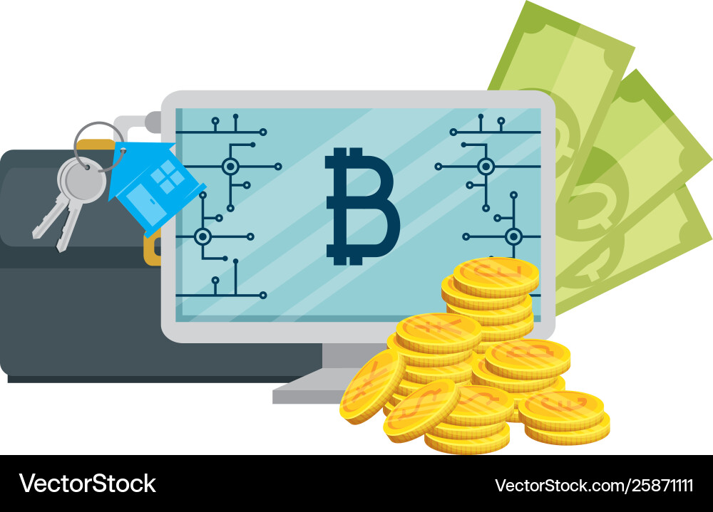 Desktop computer with bitcoin commerce Desktop computer with bitcoin commerce Vector Image